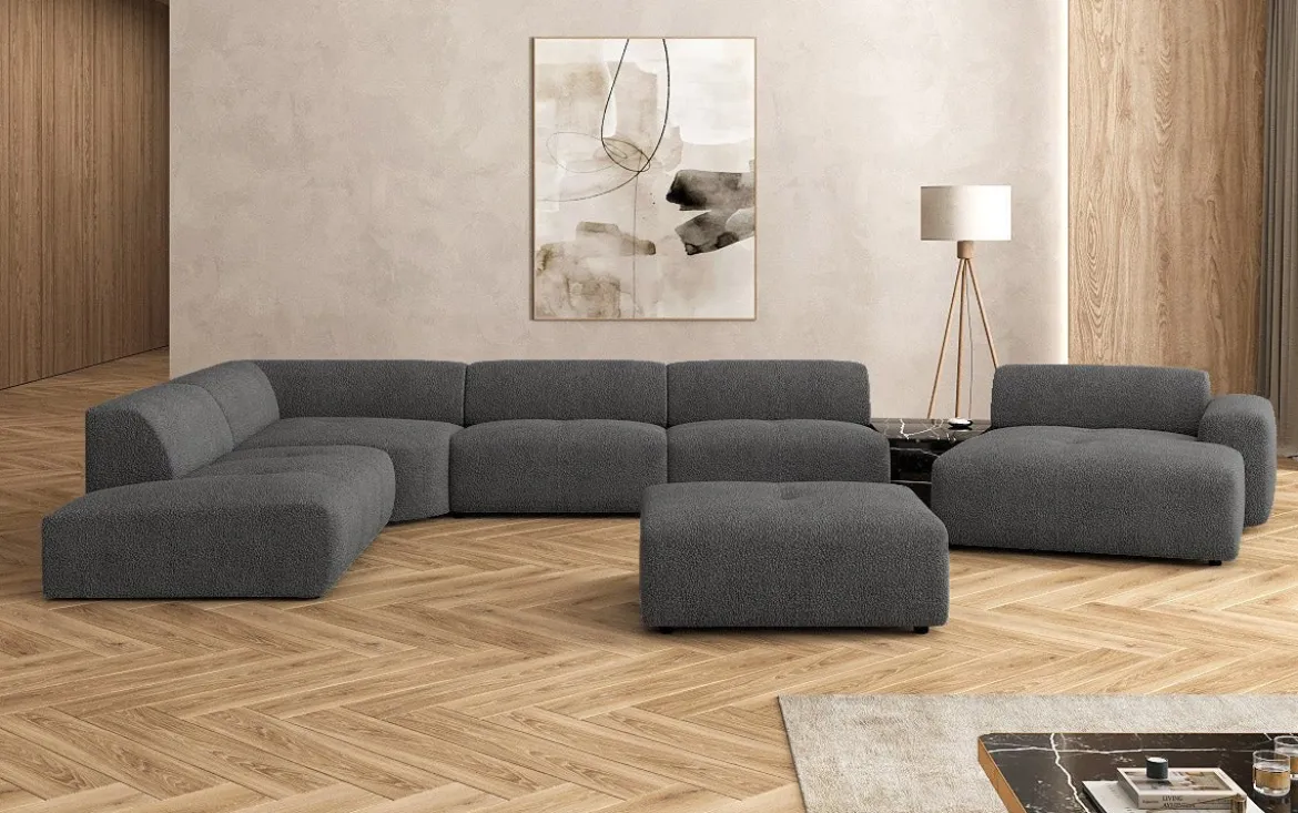 Designer Wohnlandschaft Calm mit Beistellhocker in Bouclé