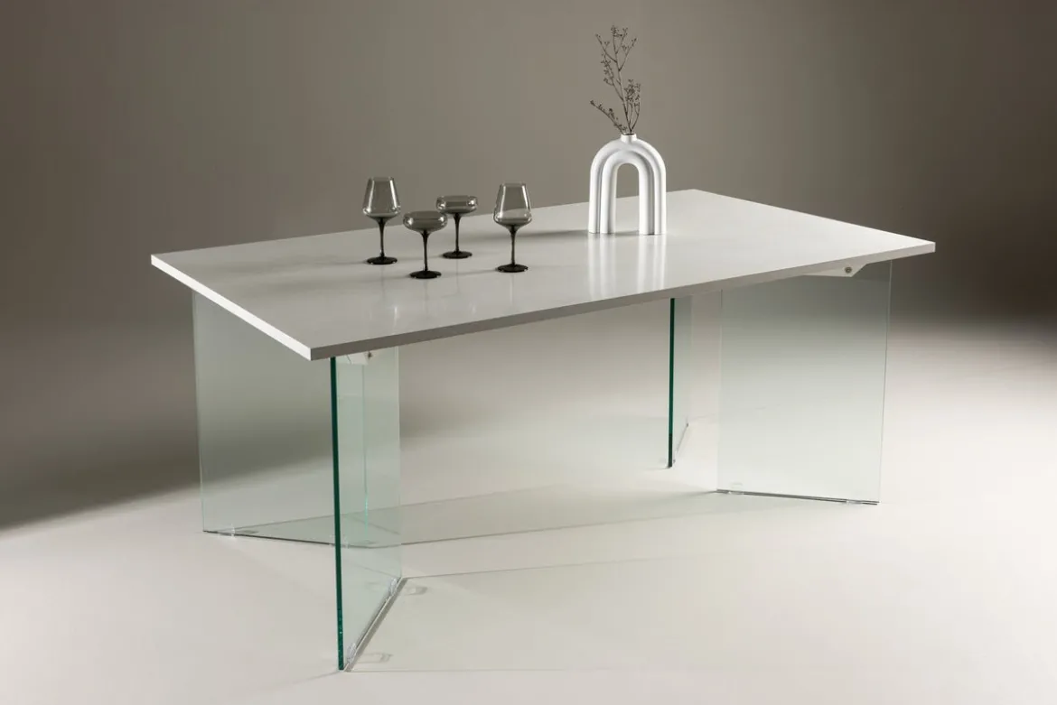 Esstisch Brevon - moderner Esstisch auf einem Glasgestell mit hellgrauer Tischplatte