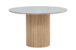 Esstisch Orlén – Runder Design-Esstisch Ø120 cm mit Glasplatte und geriffeltem Fuß