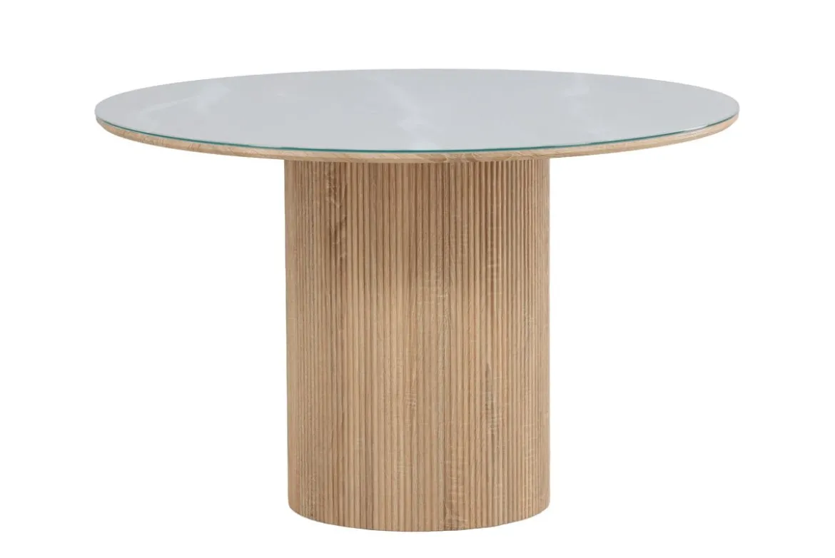 Esstisch Orlén – Runder Design-Esstisch Ø120 cm mit Glasplatte und geriffeltem Fuß