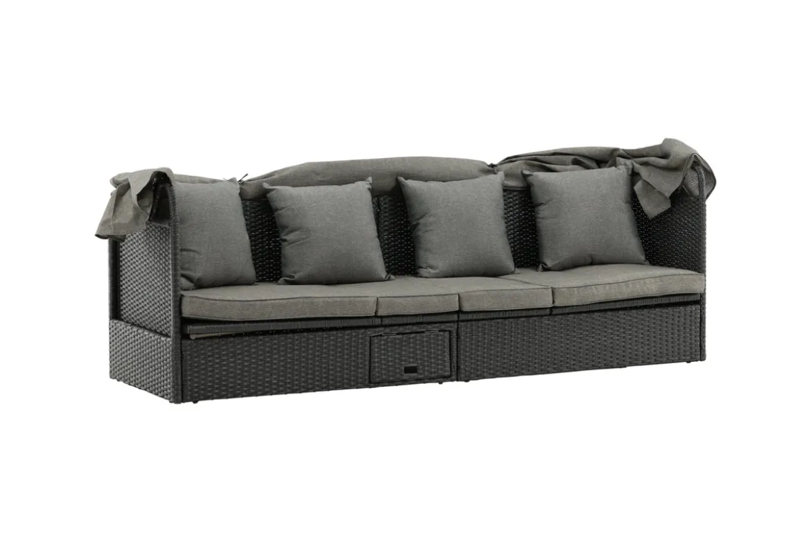 Garten Daybed Merano – Outdoor-Liege mit Sonnendach aus Polyrattan in Schwarz