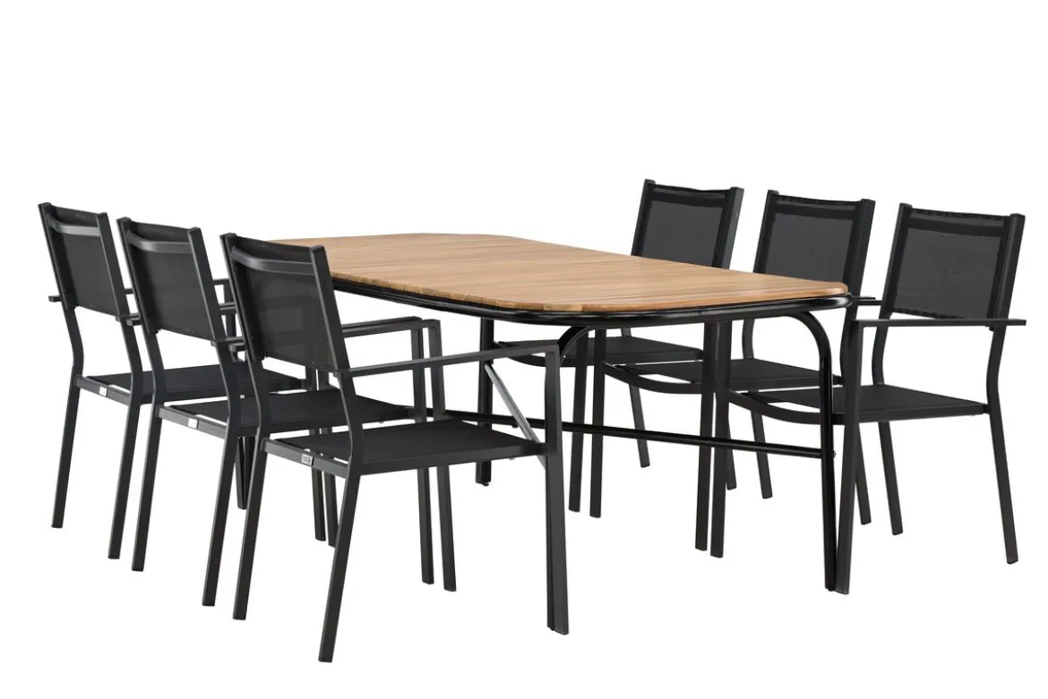 Garten Essgruppe Mirabell – 7-teiliges Gartenmöbel-Set mit Tisch aus Akazie und schwarzen Stühlen