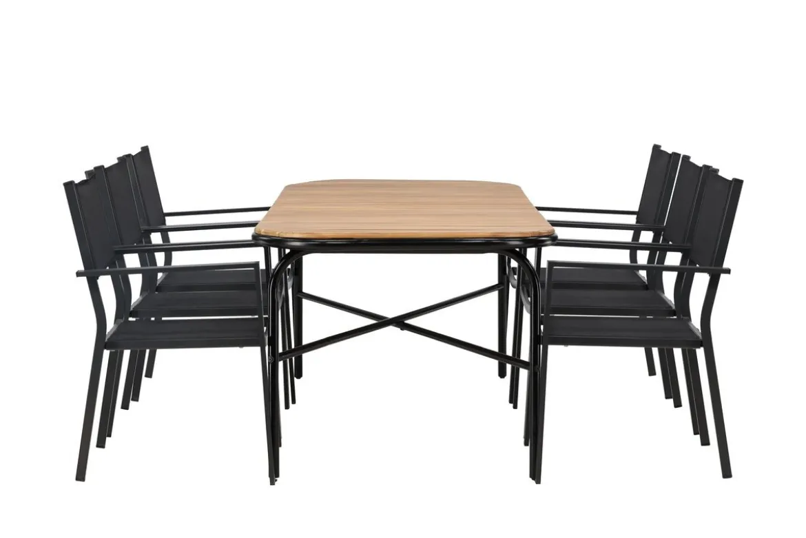 Garten Essgruppe Mirabell – 7-teiliges Gartenmöbel-Set mit Tisch aus Akazie und schwarzen Stühlen