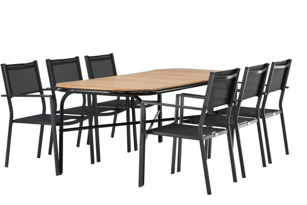 Garten Essgruppe Mirabell – 7-teiliges Gartenmöbel-Set mit Tisch aus Akazie und schwarzen Stühlen