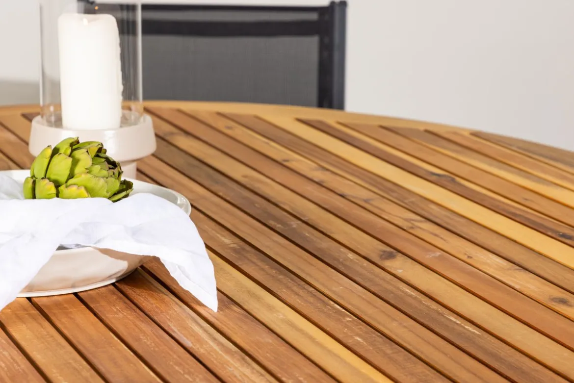 Garten Essgruppe Sona – 7-teiliges Gartenmöbel-Set mit schwarzen Stühlen und Tisch aus Akazie
