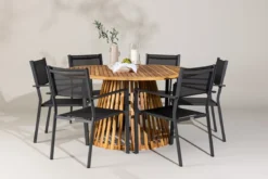 Garten Essgruppe Sona – 7-teiliges Gartenmöbel-Set mit schwarzen Stühlen und Tisch aus Akazie