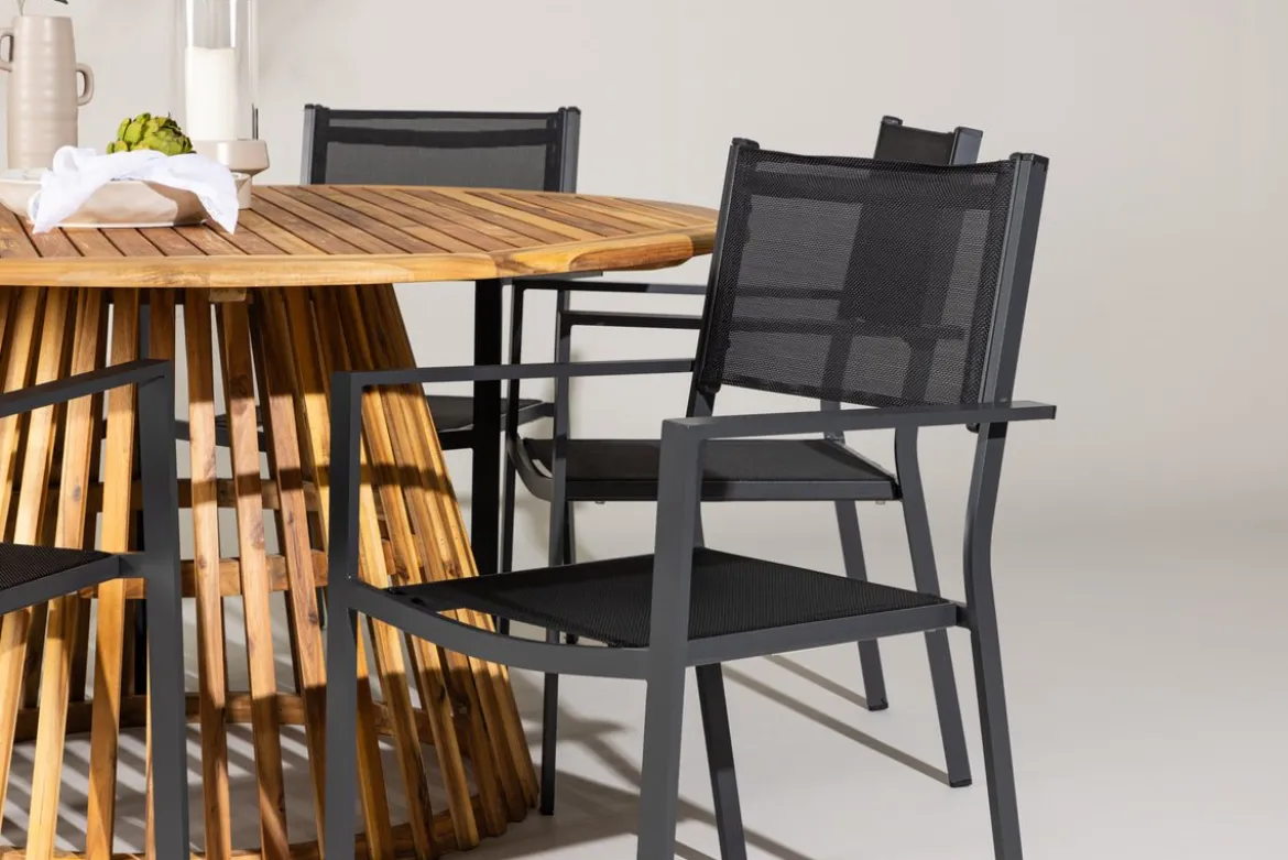 Garten Essgruppe Sona – 7-teiliges Gartenmöbel-Set mit schwarzen Stühlen und Tisch aus Akazie