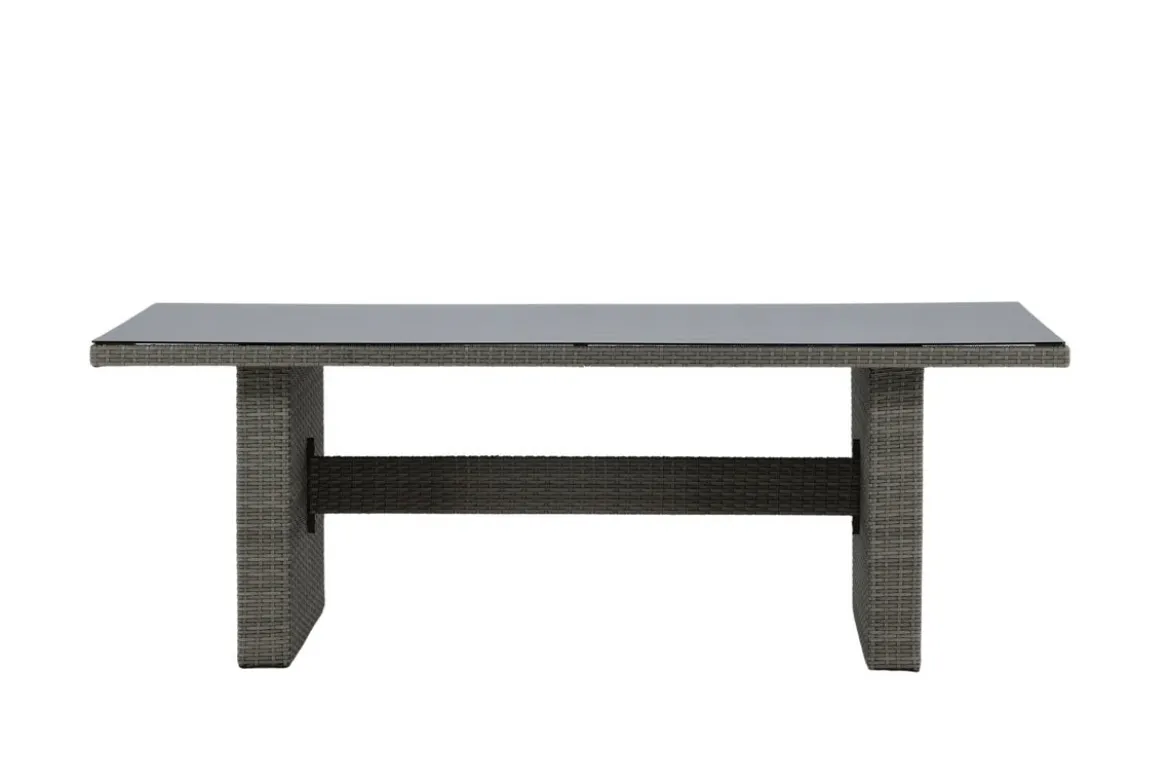 Garten Esstisch Valerio - 200x100 cm aus grauem Rattan mit Glasplatte