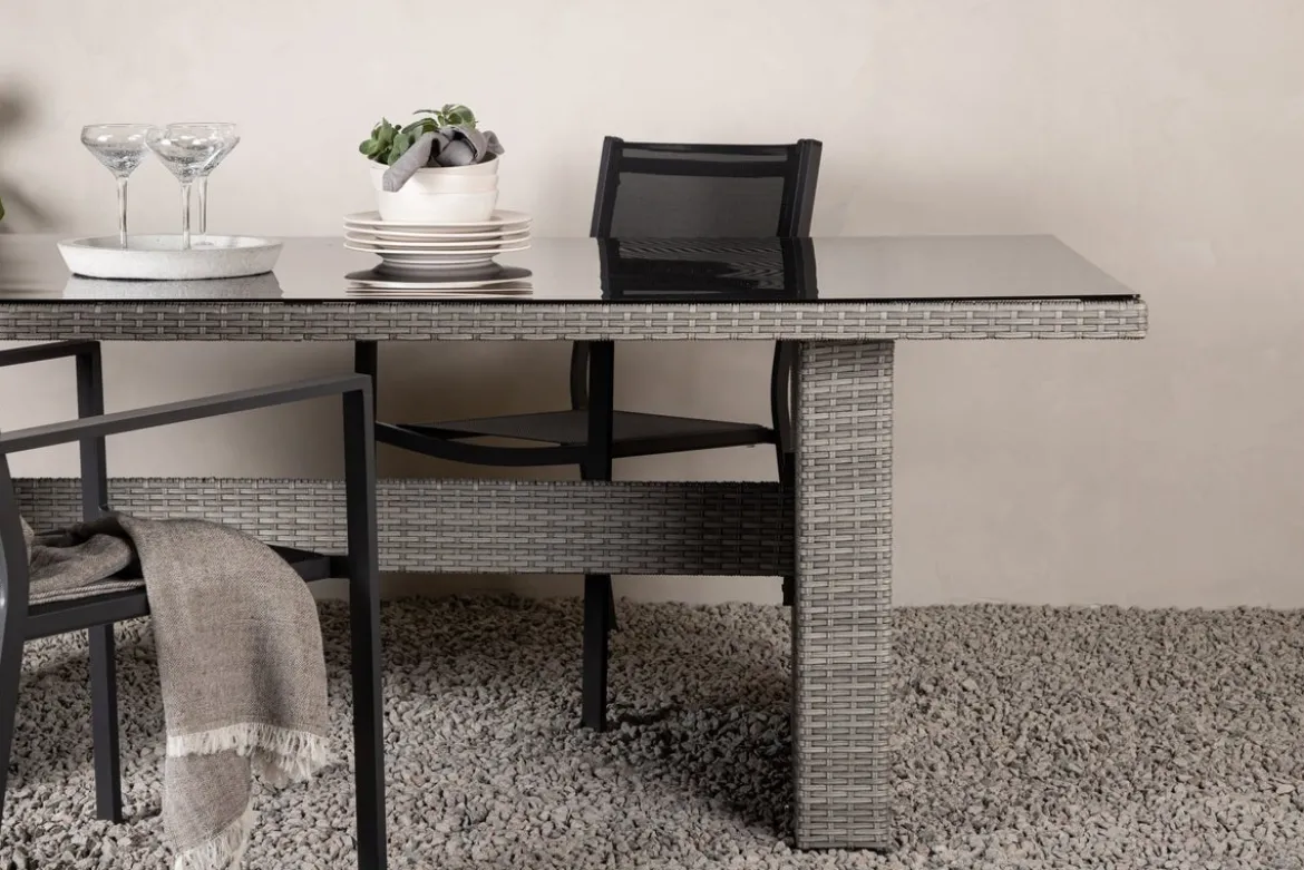 Garten Esstisch Valerio - 200x100 cm aus grauem Rattan mit Glasplatte