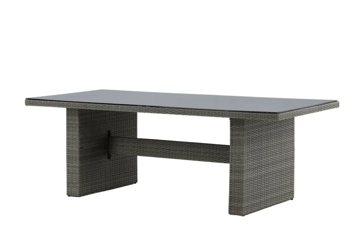 Garten Esstisch Valerio - 200x100 cm aus grauem Rattan mit Glasplatte
