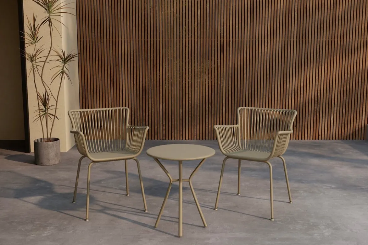 Garten Loungeset Aida – 2er Set in Beige mit rundem Tisch & Stühlen