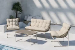 Garten Loungeset Alisa – 4-teilig mit Glastisch & beigen Sitzkissen
