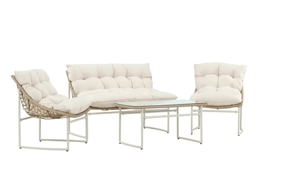 Garten Loungeset Alisa – 4-teilig mit Glastisch & beigen Sitzkissen