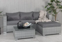 Garten Loungeset Amelia – Polyrattan Sofa mit Tisch & Kissen in Grau