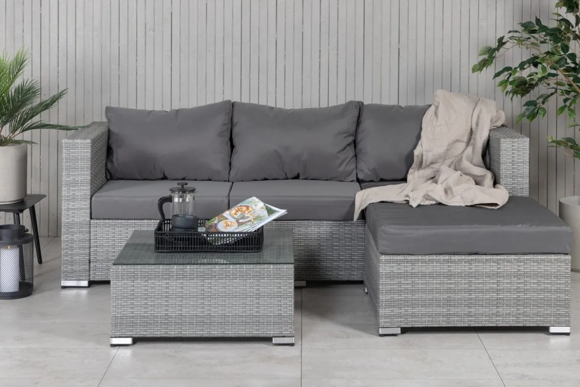 Garten Loungeset Amelia – Polyrattan Sofa mit Tisch & Kissen in Grau