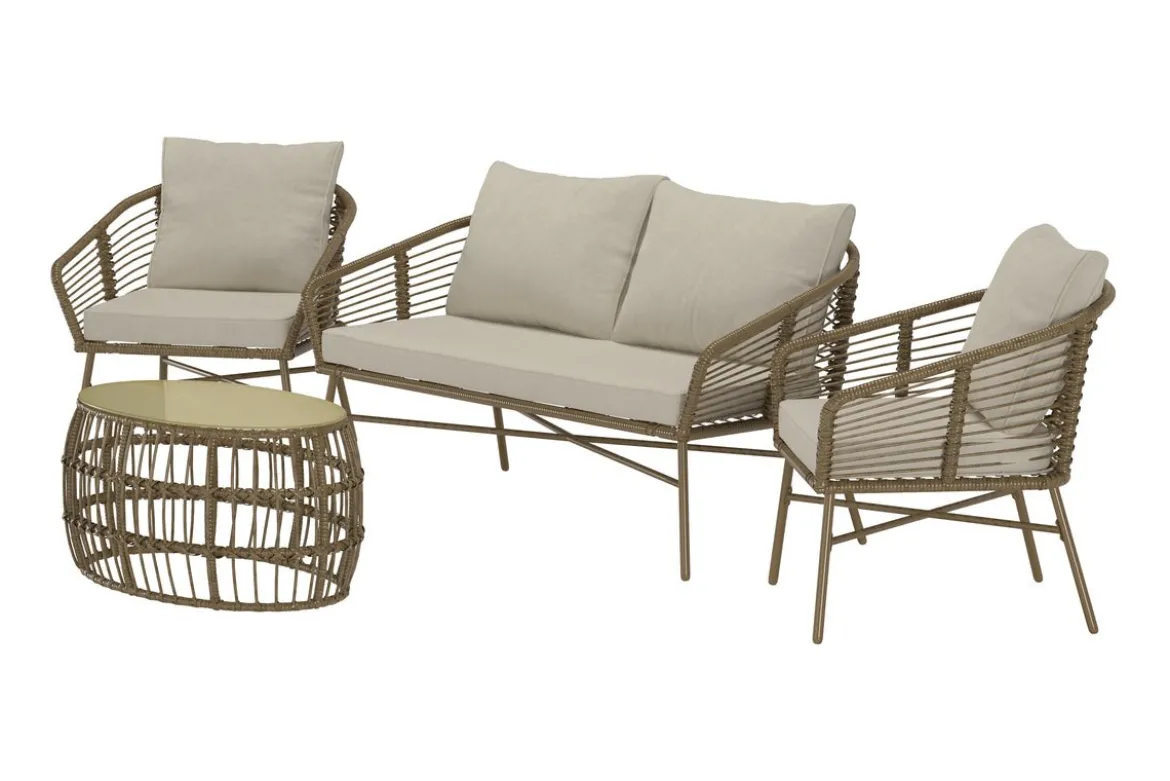 Garten Loungeset Anton – in Braun mit Glasplatte & Kissen