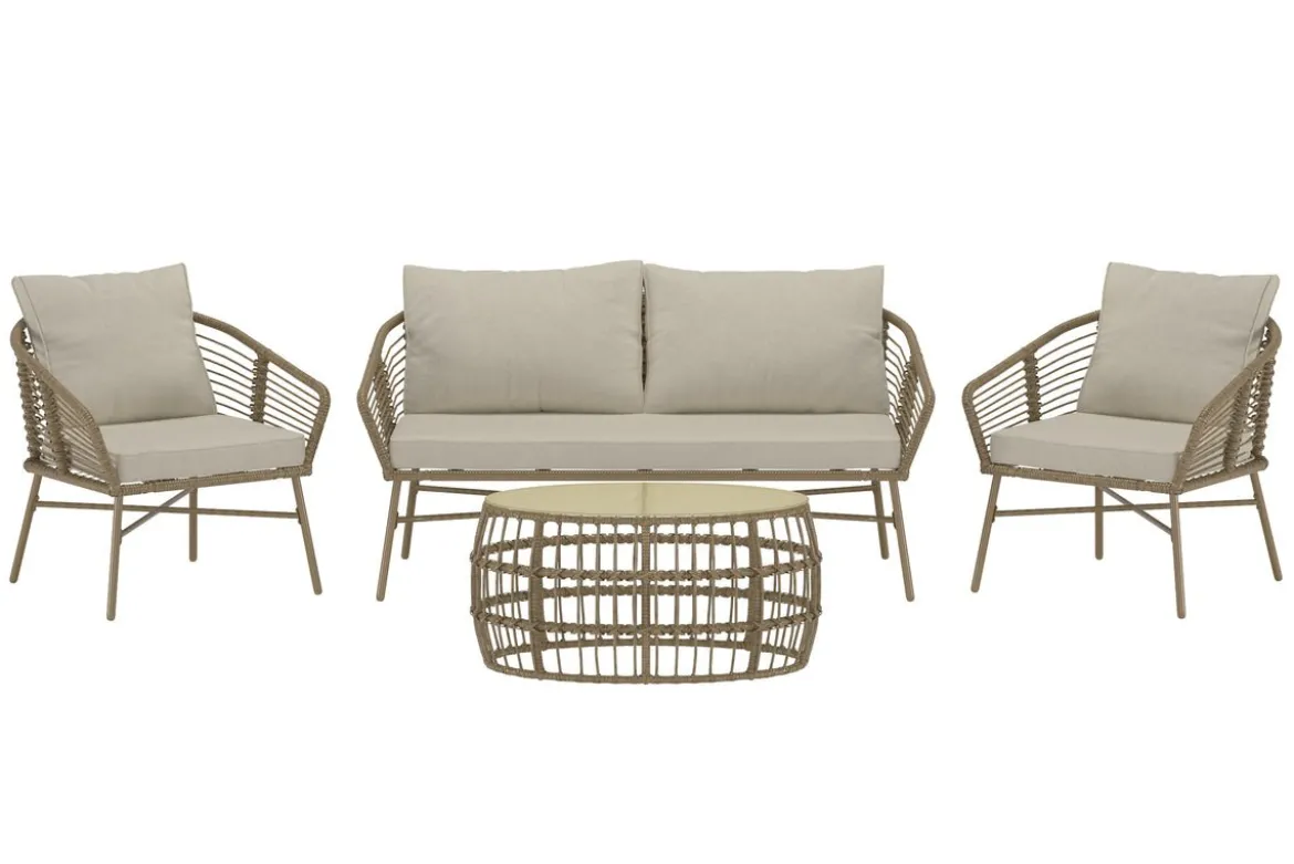 Garten Loungeset Anton – in Braun mit Glasplatte & Kissen