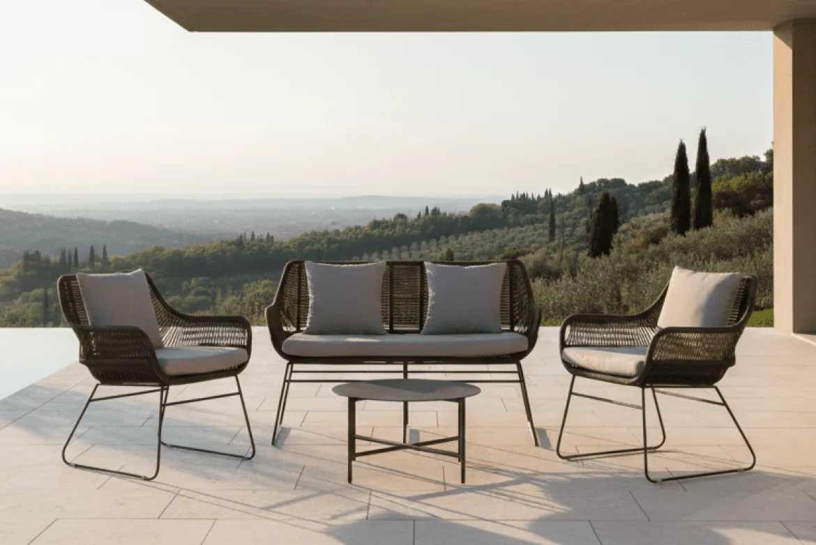 Garten Loungeset David – wetterbeständig mit Sesseln & rundem Glastisch