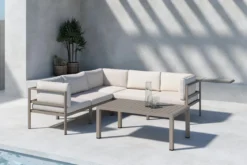 Garten Loungeset Elvira – Ecksofa mit Couchtisch und beigen Kissen