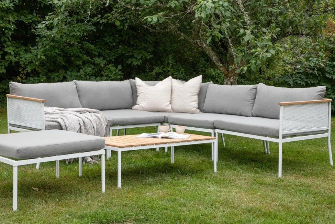 Garten Loungeset Luana – in Weiß & Schwarz mit Teak-Tisch & Polstern