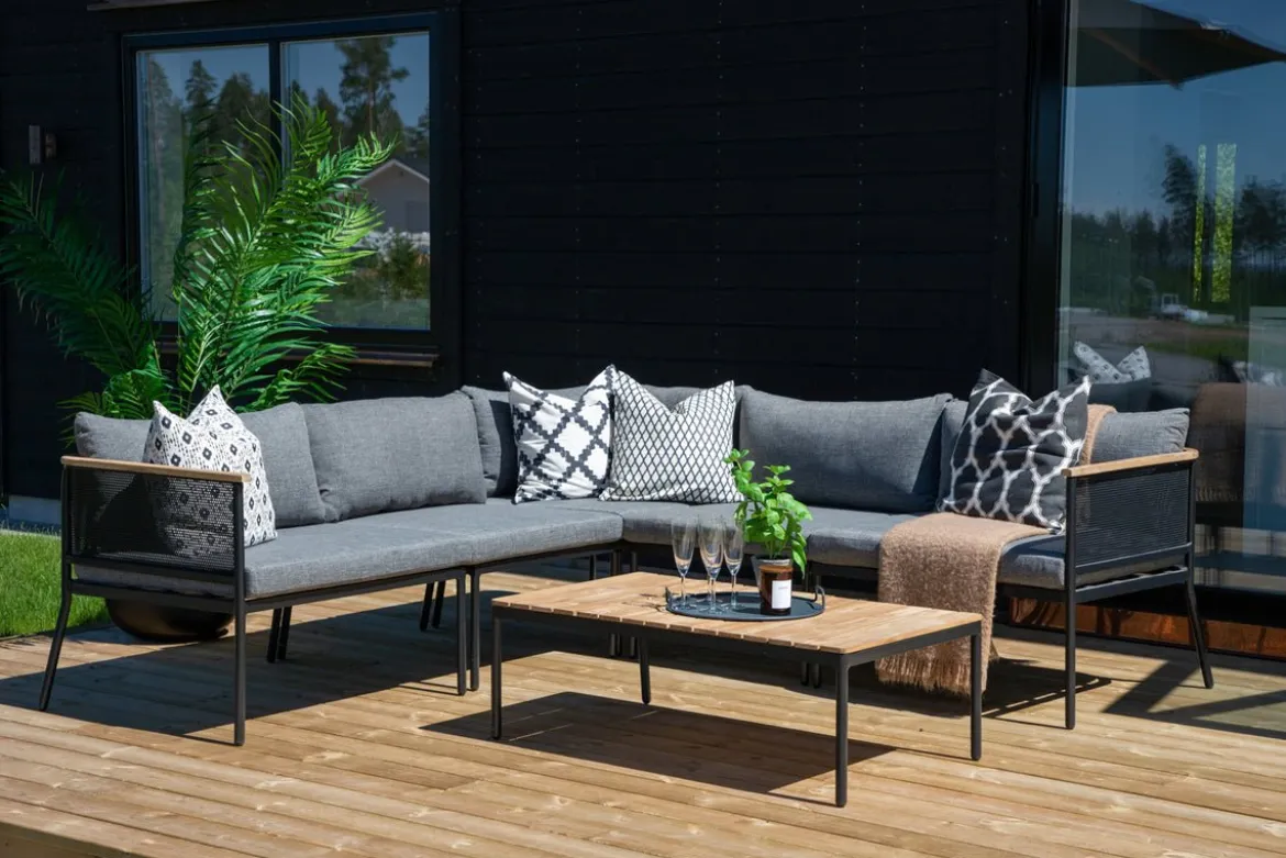 Garten Loungeset Luana – in Weiß & Schwarz mit Teak-Tisch & Polstern