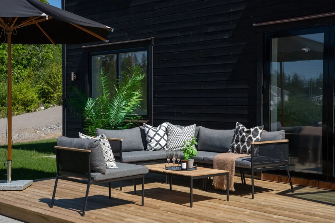 Garten Loungeset Luana – in Weiß & Schwarz mit Teak-Tisch & Polstern