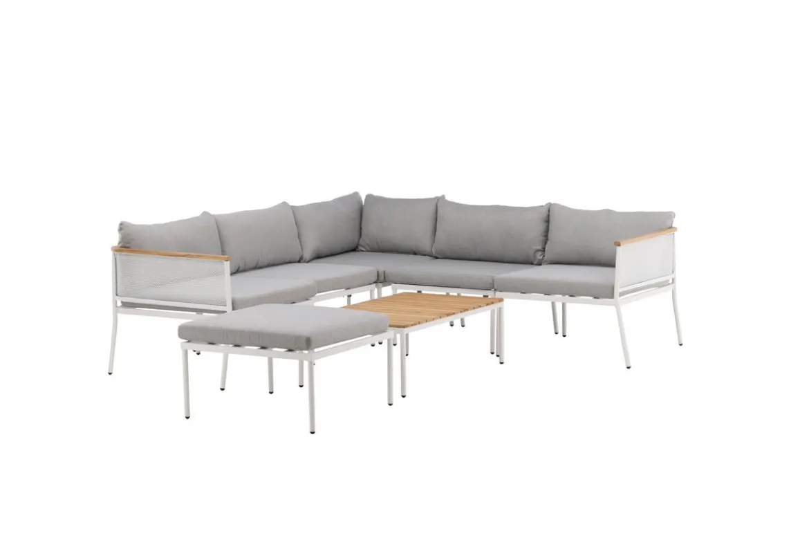 Garten Loungeset Luana – in Weiß & Schwarz mit Teak-Tisch & Polstern