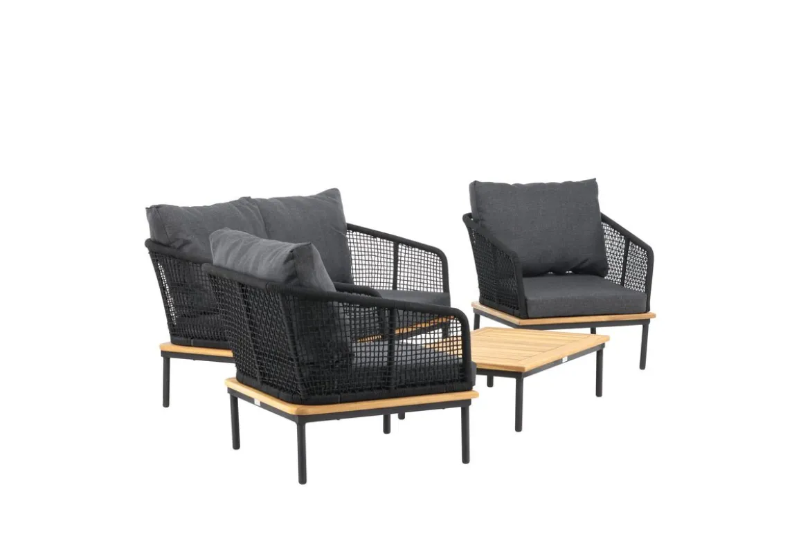 Garten Loungeset Malina – mit Holzdetails, geflochtenem Seil & grauen Kissen