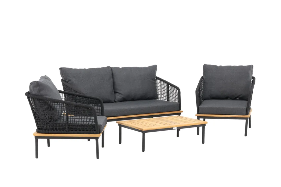 Garten Loungeset Malina – mit Holzdetails, geflochtenem Seil & grauen Kissen