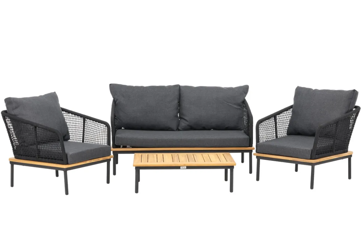 Garten Loungeset Malina – mit Holzdetails, geflochtenem Seil & grauen Kissen