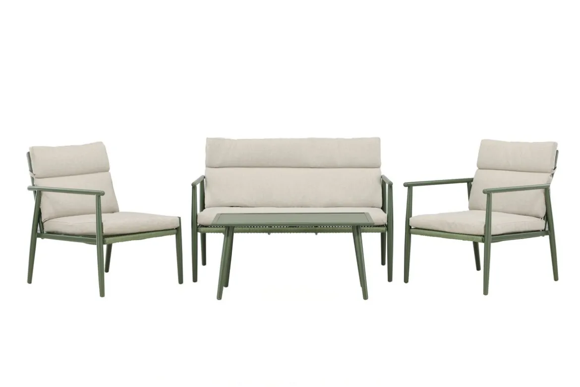 Garten Loungeset Marlen – in Grün & Beige mit Sofa, Sesseln & Tisch