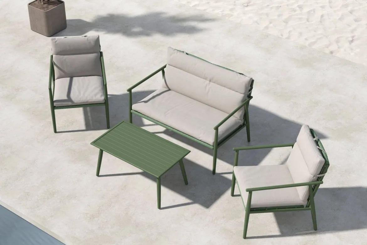 Garten Loungeset Marlen – in Grün & Beige mit Sofa, Sesseln & Tisch