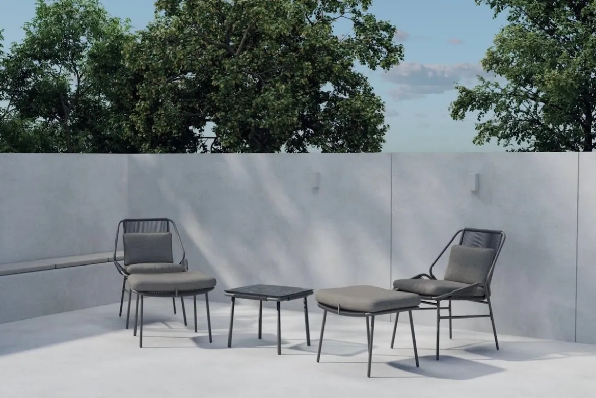 Garten Loungeset Mavero – 5 teiliges Set mit Stühlen und Hockern aus Stahl