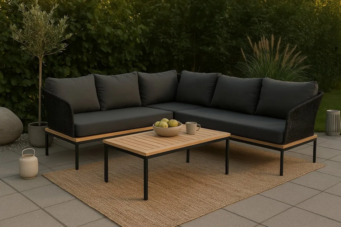 Garten Loungeset Olanda – mit Ecksofa & Couchtisch aus Akazienholz und Metall