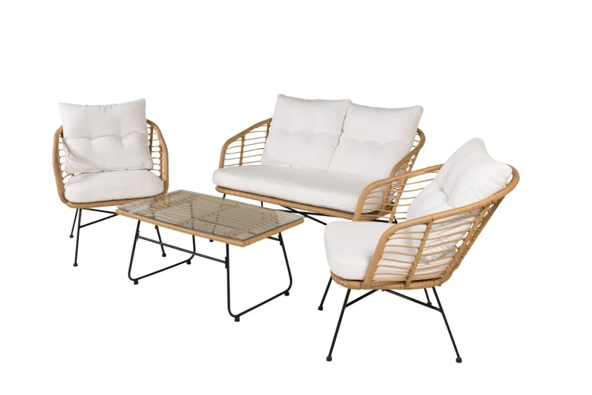 Garten Loungeset Raina – 4-teiliges Set mit Glasplatte & Kissen
