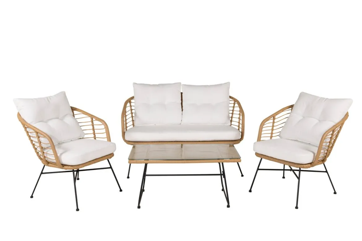 Garten Loungeset Raina – 4-teiliges Set mit Glasplatte & Kissen