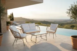 Garten Loungeset Raina – 4-teiliges Set mit Glasplatte & Kissen