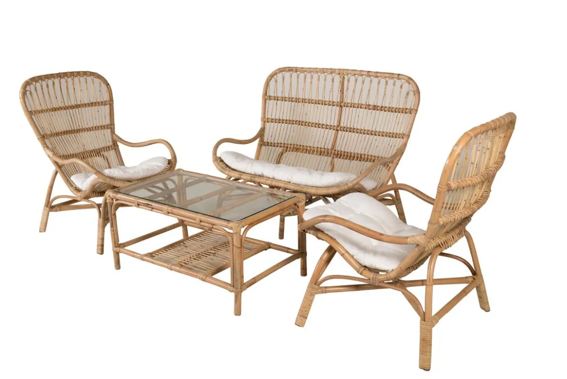 Garten Loungeset Raisa – mit Glasplatte & weißen Kissen