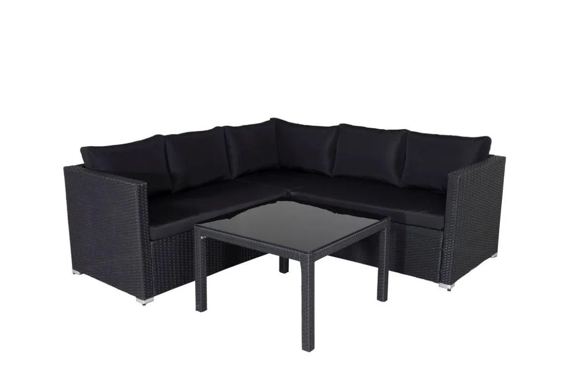 Garten Loungeset Ravello – Ecksofa-Set aus Polyrattan in Schwarz mit Glasplatte
