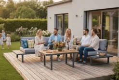 Garten Loungeset Santorin – Aluminium Ecksofa mit höhenverstellbarem Tisch