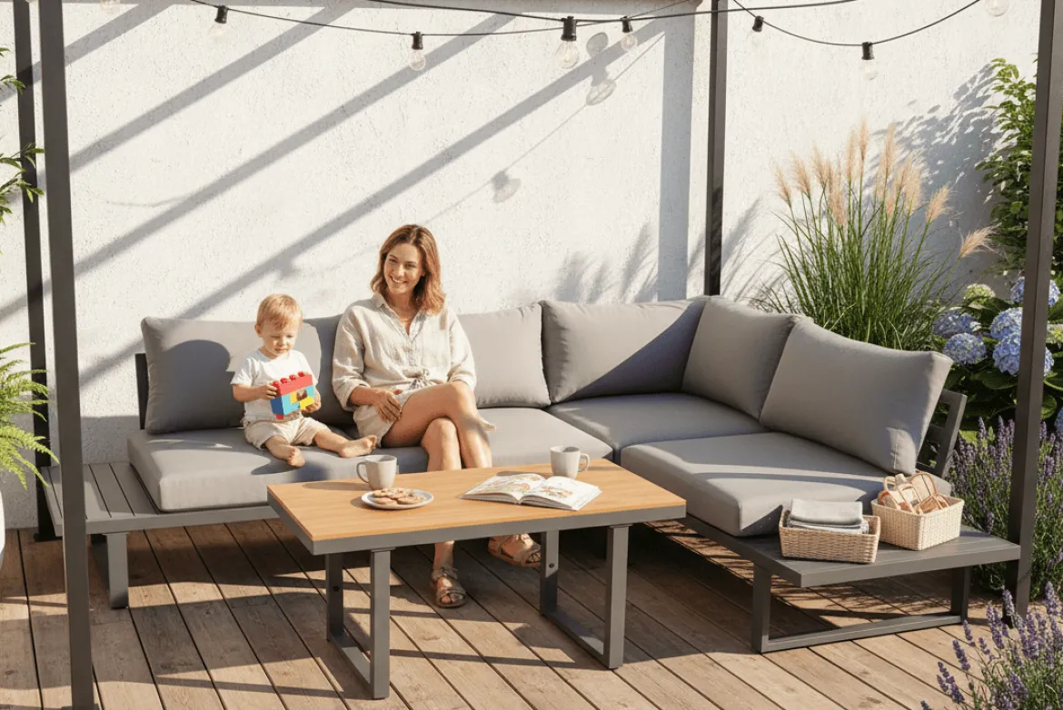 Garten Loungeset Santorin – Aluminium Ecksofa mit höhenverstellbarem Tisch