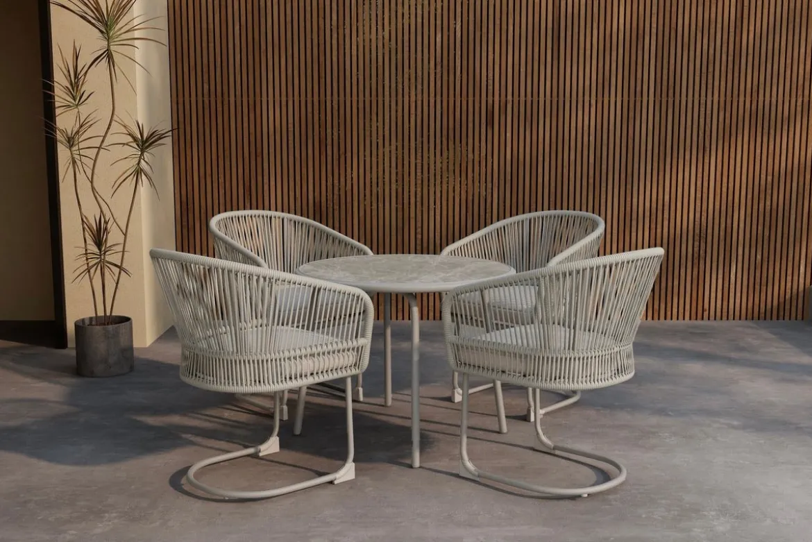 Garten Loungeset Taila - mit Rundem Esstisch und 4 Stühlen in Beige & Hellgrau