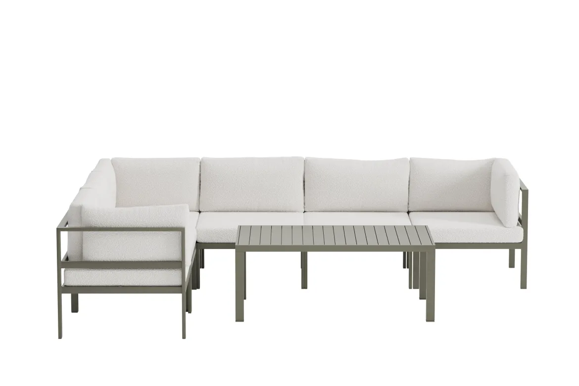 Garten Loungeset Torena 3+3 – Großes Ecksofa in Weiß mit Tisch