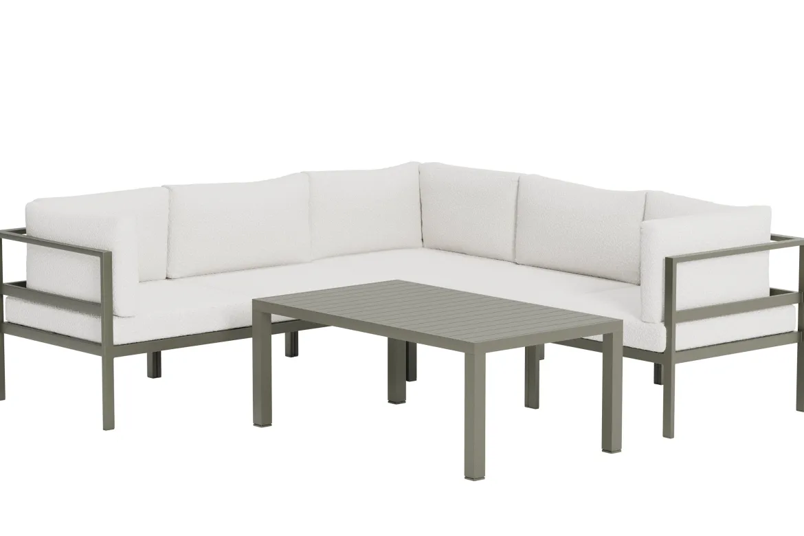 Garten Loungeset Torena 3+2 – Großes Ecksofa in Weiß mit Tisch