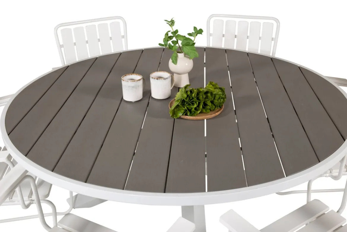 Gartentisch Alani - ein runder Esstisch mit Aintwoodtischplatte und einem Metallgestell