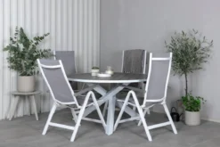 Gartentisch Alani - ein runder Esstisch mit Aintwoodtischplatte und einem Metallgestell