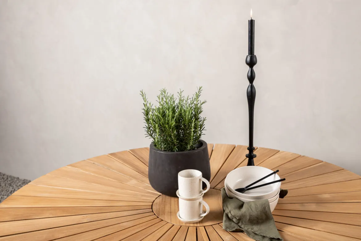 Gartentisch Mirani - ein runder Esstisch aus Metall und Teakholz
