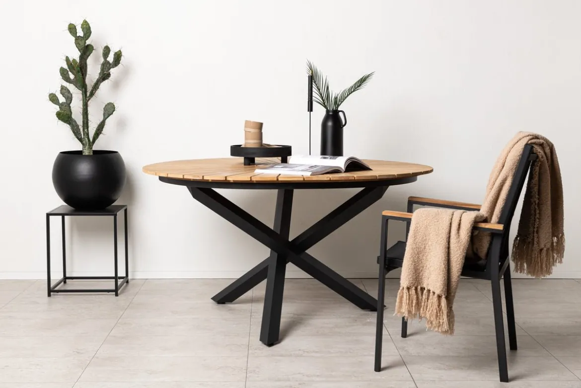 Gartentisch Mirani - ein runder Esstisch aus Metall und Teakholz
