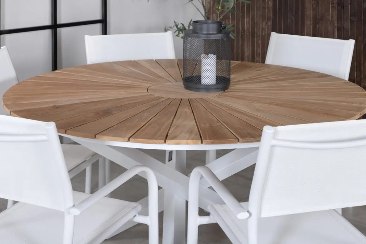 Gartentisch Mirani - ein runder Esstisch aus Metall und Teakholz