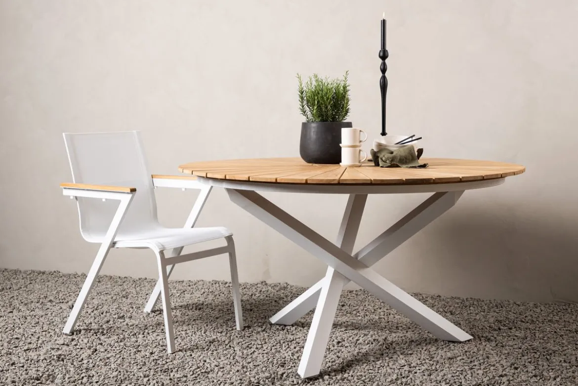 Gartentisch Mirani - ein runder Esstisch aus Metall und Teakholz